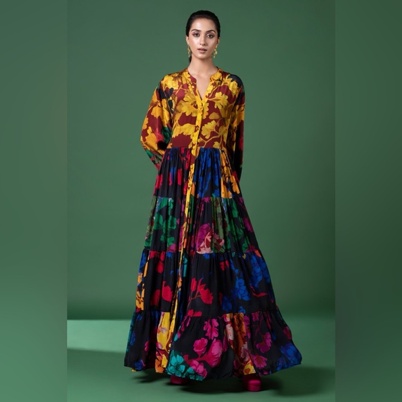 Anthropologie Siddhartha Bansal flower maxi long sleeve Print  Dress size xs - Picture 4 of 9